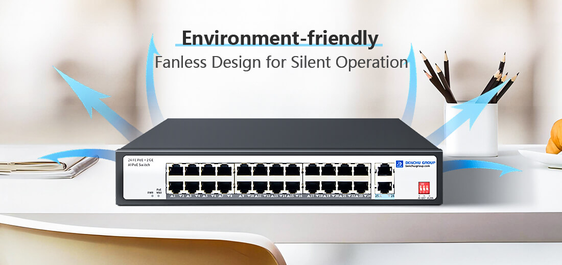 24 Ports 10/100M PoE Switch Fanless design