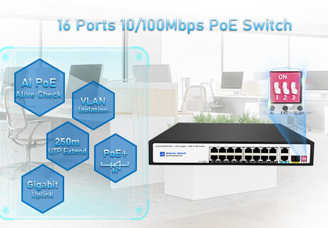 Switch PoE+ não gerenciado de 16 portas, com 2 Gigabit RJ45 e 1Gigabit SFPUplink, SP5210-16PFE2GE1GF