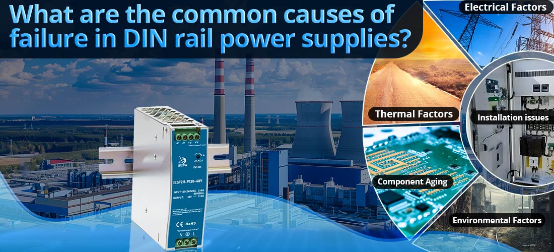 What are the common causes of failure in DIN rail power supplies?