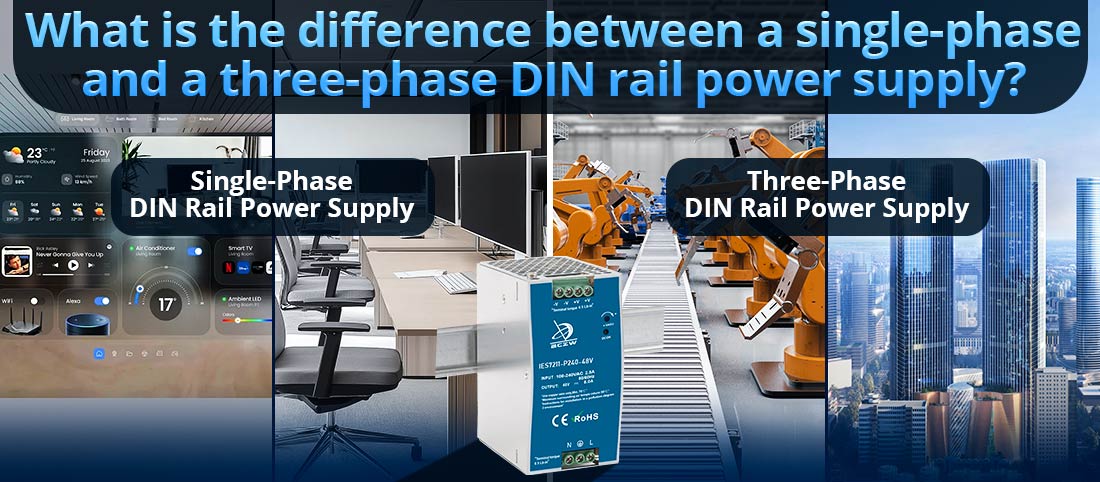 What is the difference between a single-phase and a three-phase DIN rail power supply?