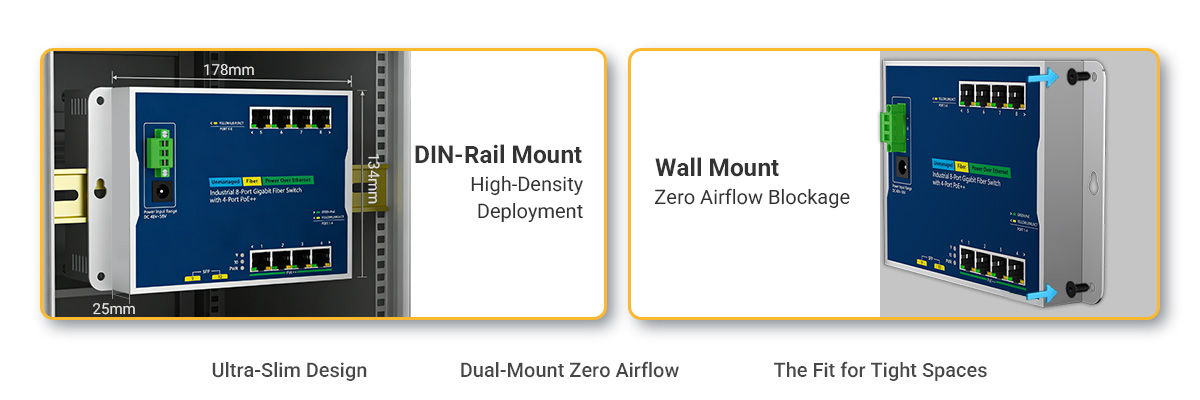 flat switch fits into narrow enclosures, traffic cabinets, and DIN-rail panels where space is limited flat switch fits into narrow enclosures, traffic cabinets, and DIN-rail panels where space is limited