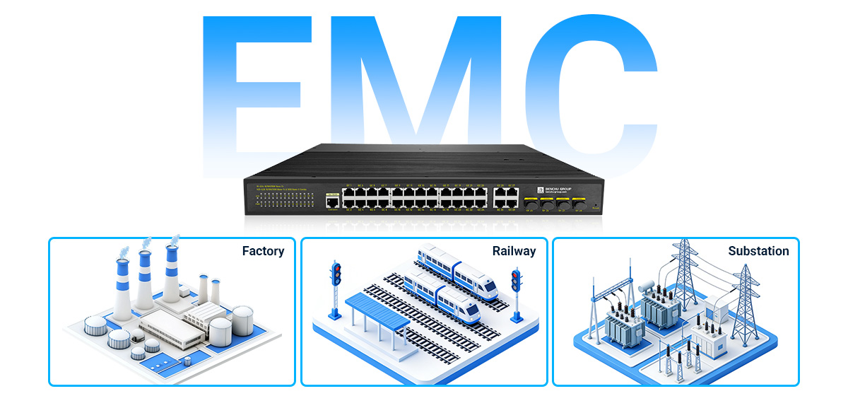 24-port industrial PoE switch complies with strict Electromagnetic Compatibility (EMC) standards