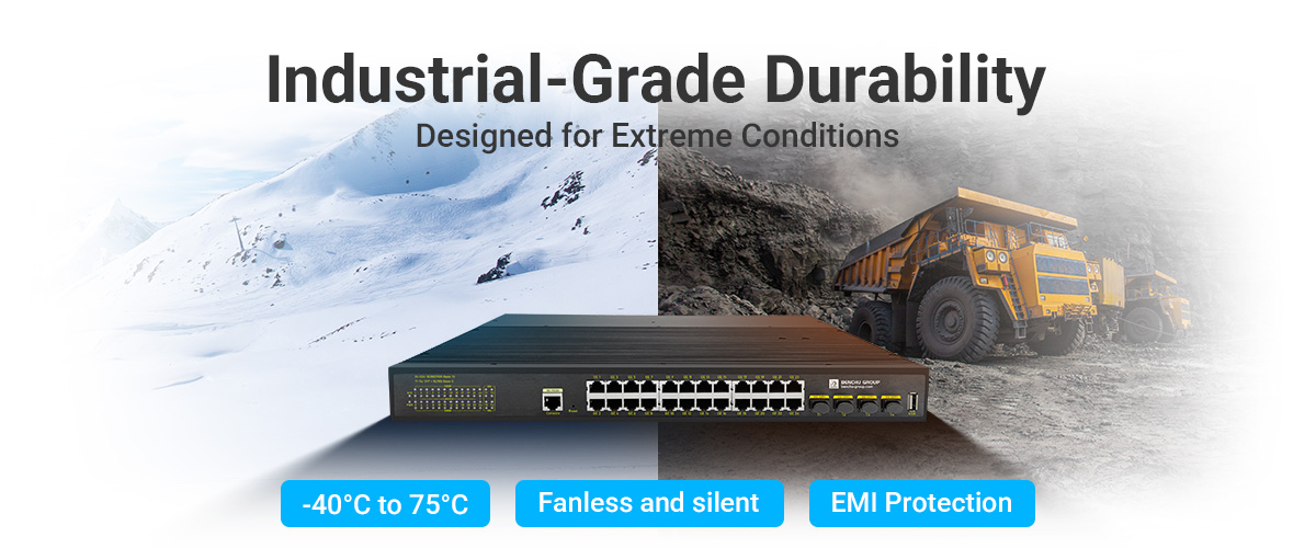 Managed 24 port industrial PoE switch operates in a wide temperature range (-40°C to +75°C) and resists shock