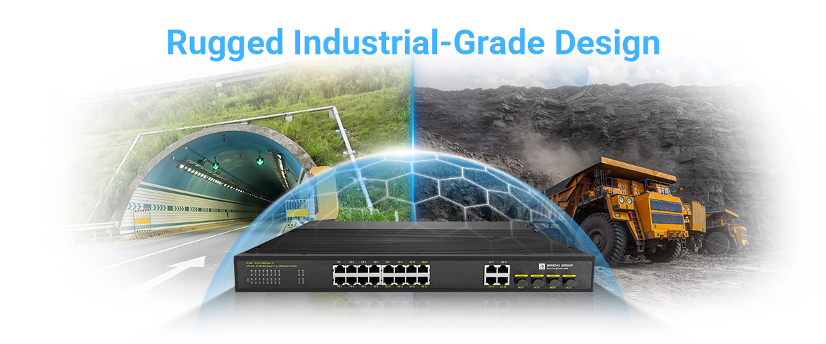 16 port industral PoE switch features a durable metal housing 16 port industral PoE switch features a durable metal housing