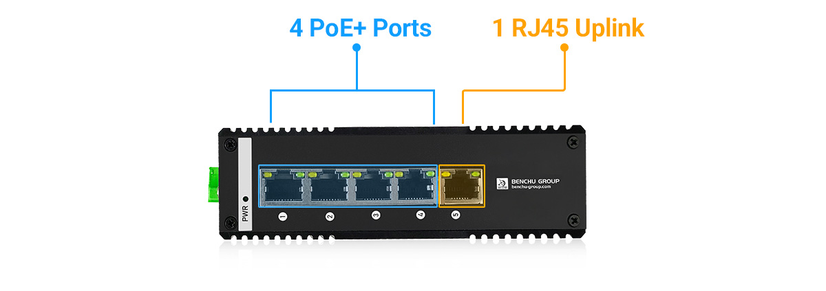 Industrial PoE Switch provide  4 PoE+ 10 100Mbps RJ45 ports and 1-10 100M RJ45 uplink