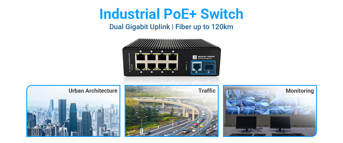 Industrial PoE switch features 1 ethernet RJ45 port and 1 SFP fiber uplink ports with Gigabit transfer rates