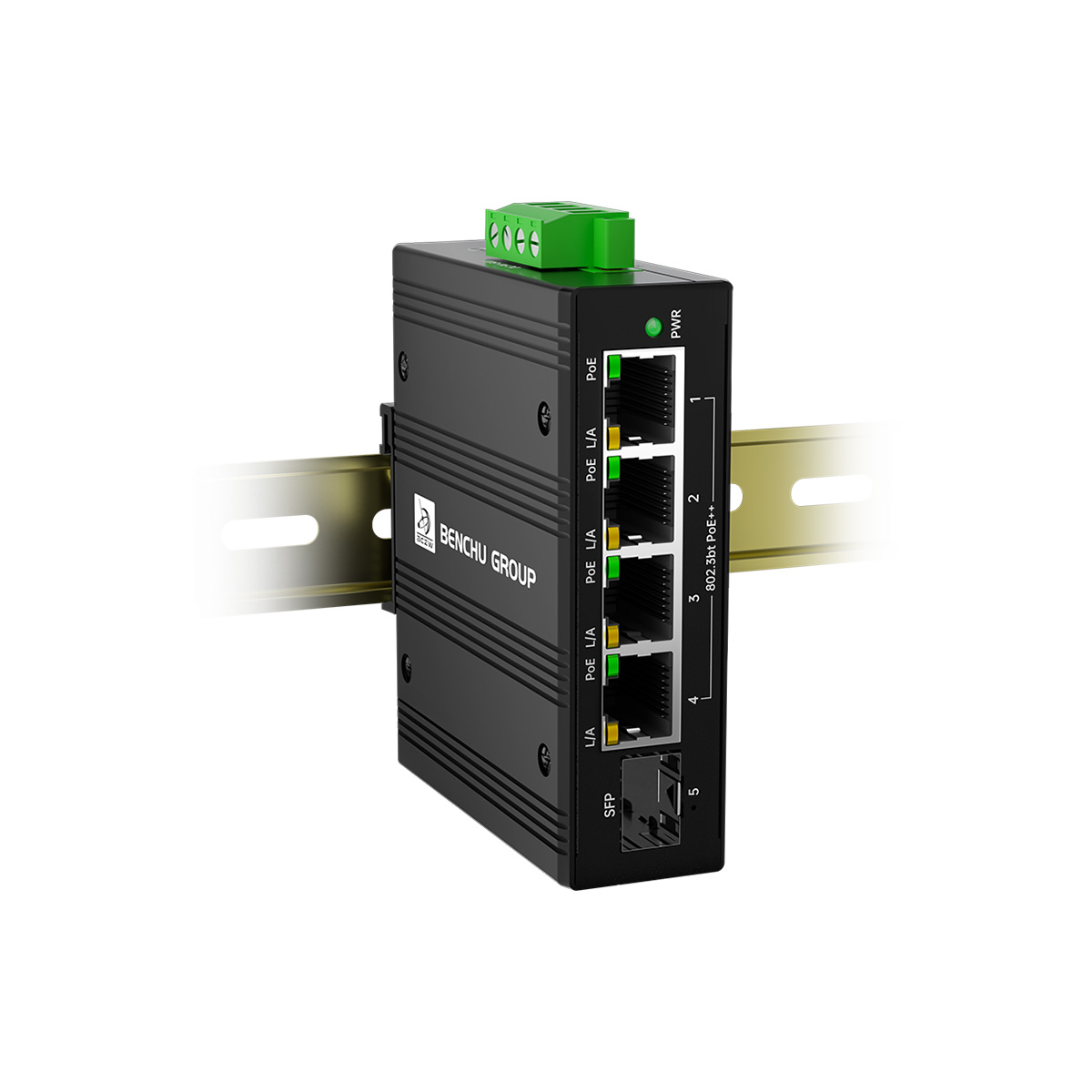 Main product image of a 5-port solar-powered industrial PoE switch featuring one Gigabit SFP slot for fiber uplink and four 90W BT PoE ports, built in a fanless IP40 aluminum housing with DIN-rail mounting, designed for off-grid networks requiring long-di