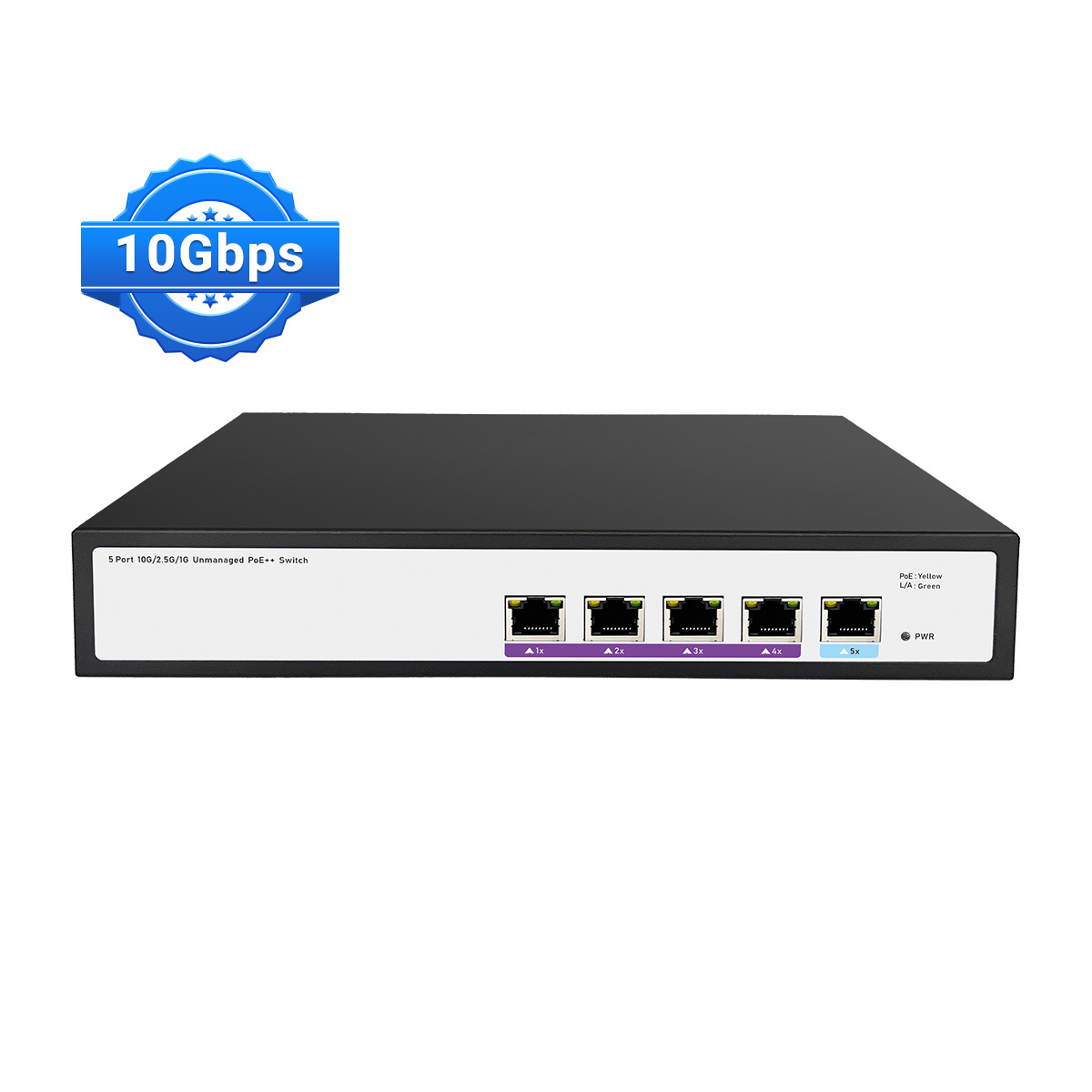 Front view of a 5-port 10G unmanaged PoE switch rack-mount showing port layout and LED indicators.