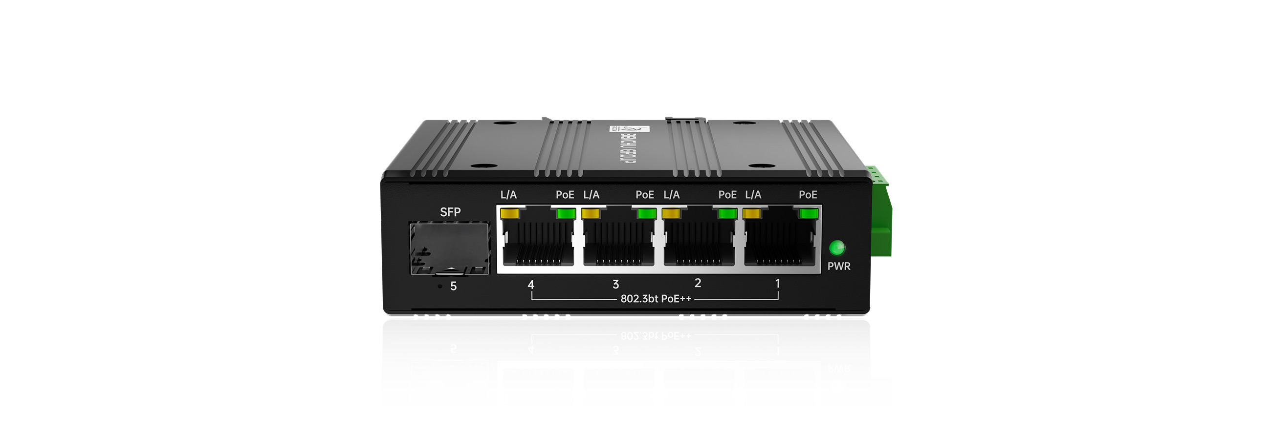 4-Port Gigabit 90W Ultra PoE++ Industrial Switch with 1G SFP Fiber Port for Remote Long-Range Solar Backhaul Compact 90W solar-powered industrial PoE++ switch with fiber uplink, showcasing 4 gigabit 802.3bt PoE++ ports, 1 gigabit SFP slot, and 12V/24V to 48V DC-DC booster inside a tiny fanless enclosure