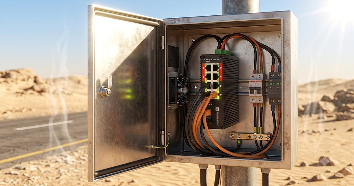 Benchu Industrial PoE++ Switch Heat-Resistance Scene Industrial PoE++ switch operating flawlessly inside an opened outdoor roadside cabinet under scorching desert sun heat waves