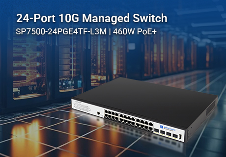 Revolucione sua rede: o SP7500-24PGE4TF-L3M oferece 24 portas PoE+ e uplinks de 10 Gb para ambientes de trabalho exigentes.
