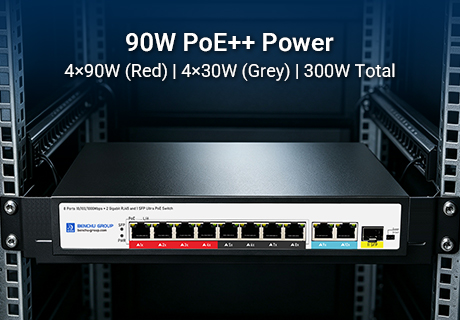 Switch PoE++ 802.3bt de última geração e alta potência, oferecendo 90 W por porta para implantações de rede avançadas.