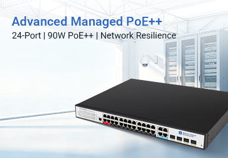 Switch PoE++ gerenciável Gigabit avançado de 24 portas oferece 90 W por porta e resiliência de rede aprimorada.